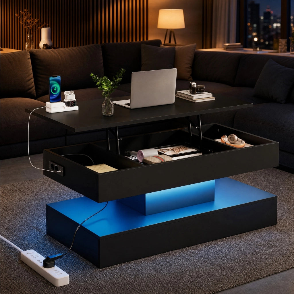 Tavolino da caffè sollevabile con LED, vano nascosto e prese EU, 100 x 50 x 42 cm, nero