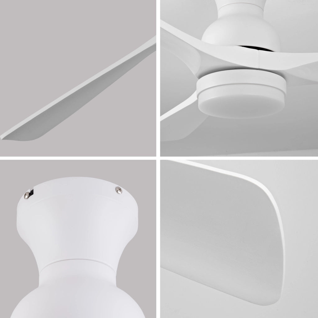 Ventilatore da soffitto con LED e telecomando, 3 pale in legno massello, bianco