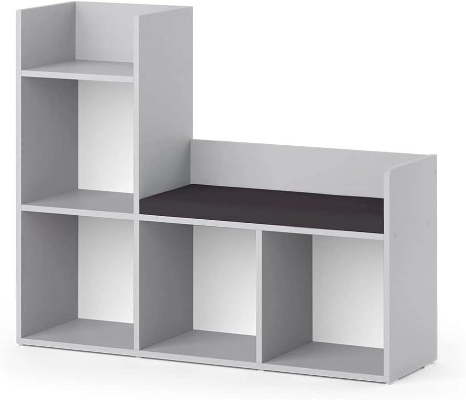 Scaffale per bambini Luigi, Grigio, 107.2 x 88.6 cm, con seduta imbottita e quattro ripiani aperti