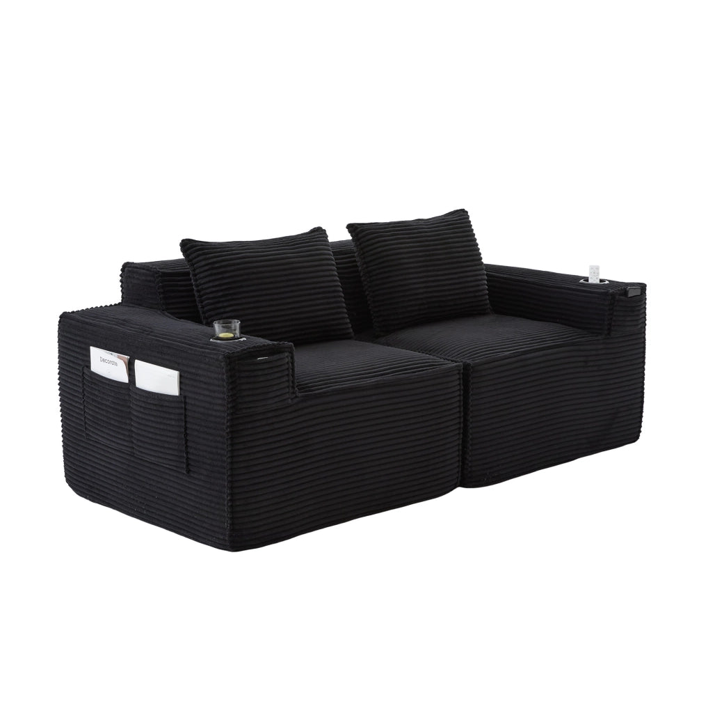 Divano modulare 2 posti 188x90x75 cm nero con portabicchieri, velluto a coste,