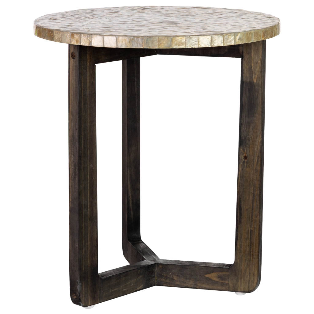 Tavolino ausiliario in legno e capiz bianco D40x45h cm