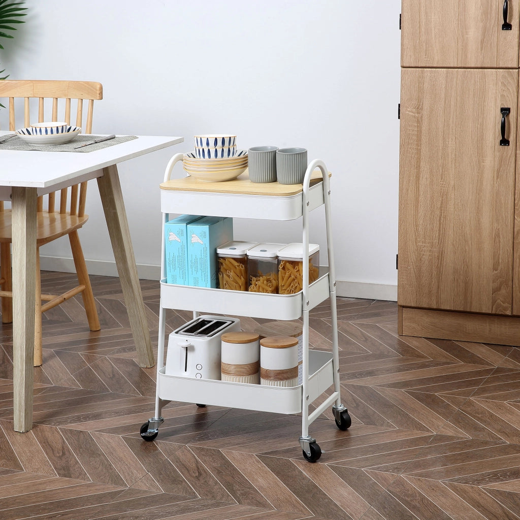 Carrello da cucina con 3 ripiani e cestino ¨C Zephmum ¨C Bianco 60x30x90 cm