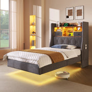 LETTO 90x200 cm con LED, testiera con ricarica USB/Type-C, lino grigio