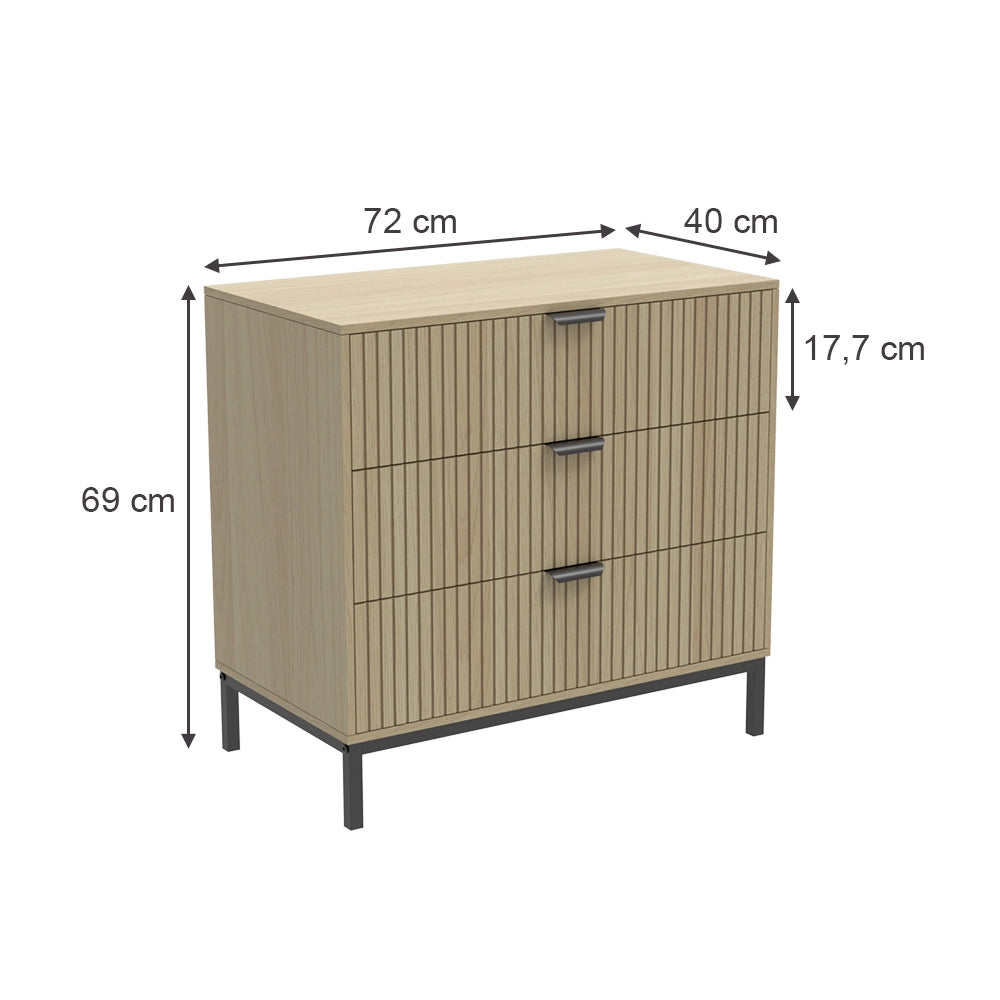 Vicco Cassettiera Rovere 72 x 69 cm con 3 cassetti