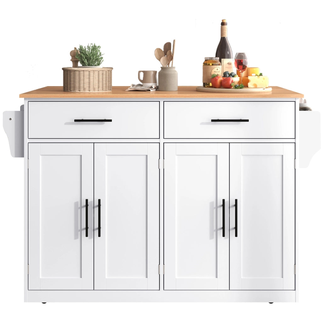 Carrello da cucina con piano ribaltabile e ruote, bianco e naturale