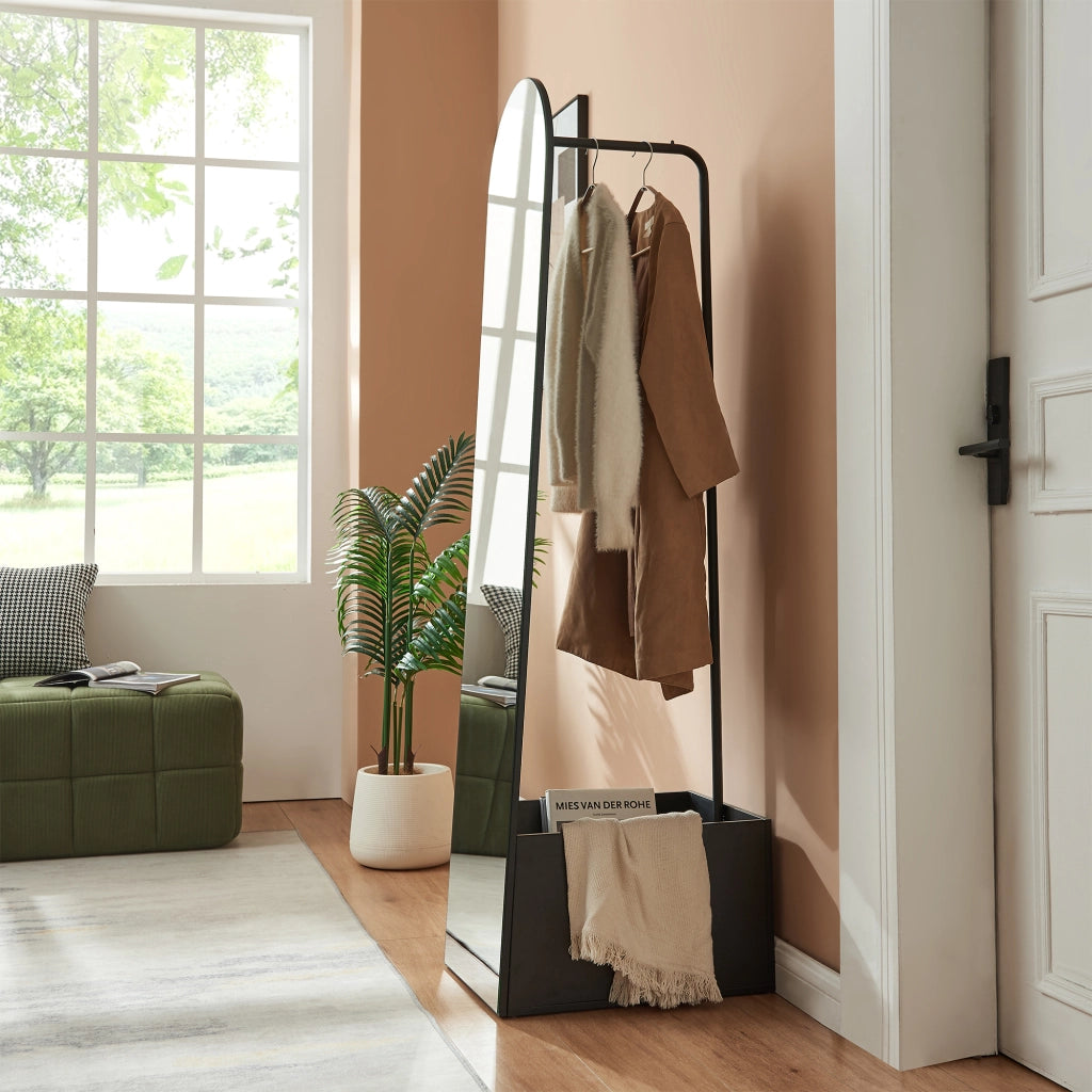 Specchio da Terra Ovale Kuonta con Appendiabiti e Vano Portaoggetti 165x40x51 cm - Nero [en.casa]