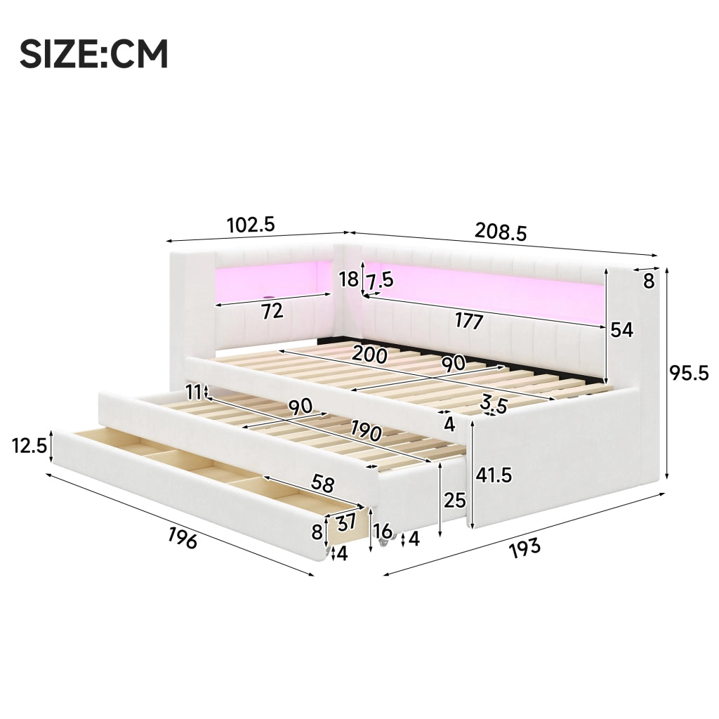 Letto imbottito con giroletto e cassetti ¨C Minimal ¨C Bianco 90x200 cm con LED