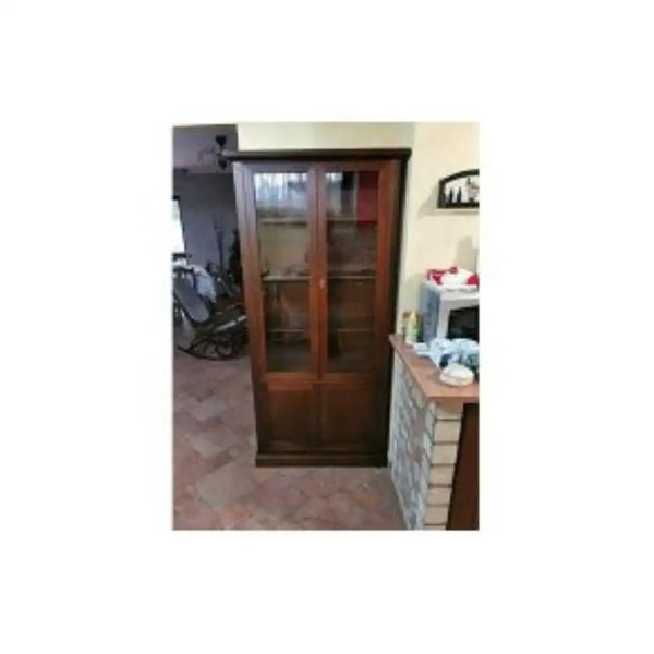 Vetrina colore noce con 2 ante 2 ante con vetro in stile classico in legno e mdf con rifinitura in noce lucido 90x41x186 H