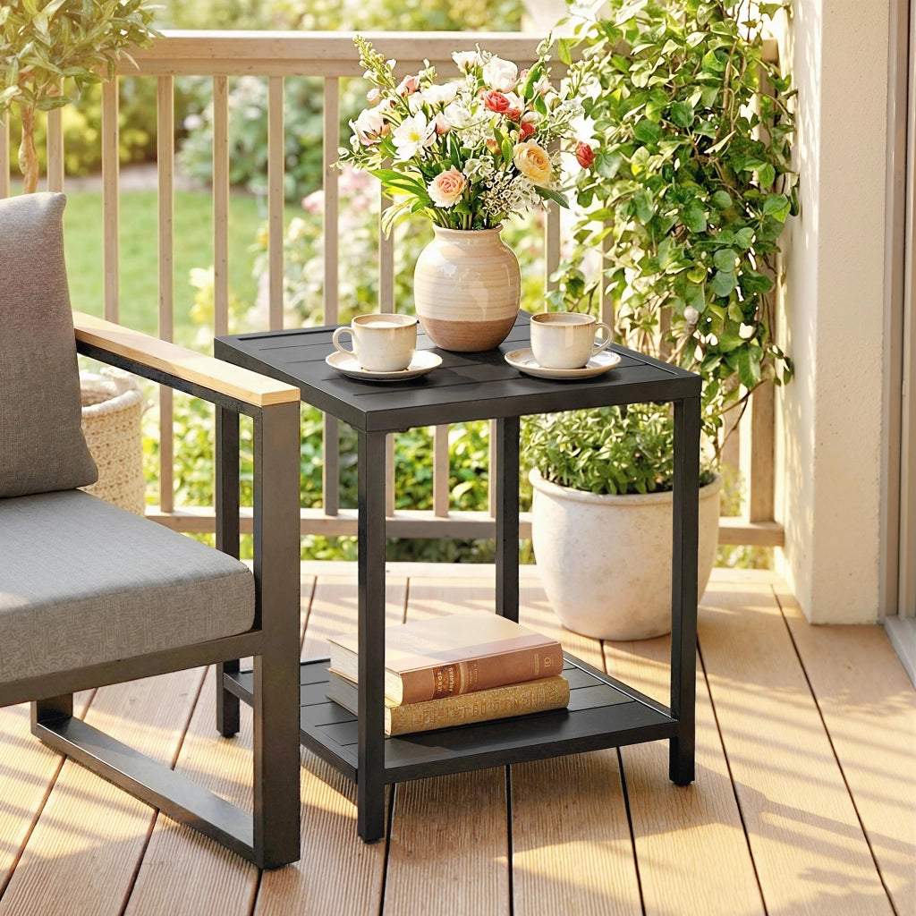 Tavolino da giardino a 2 livelli in metallo ¨C Zephmum ¨C 45x45x54 cm, nero