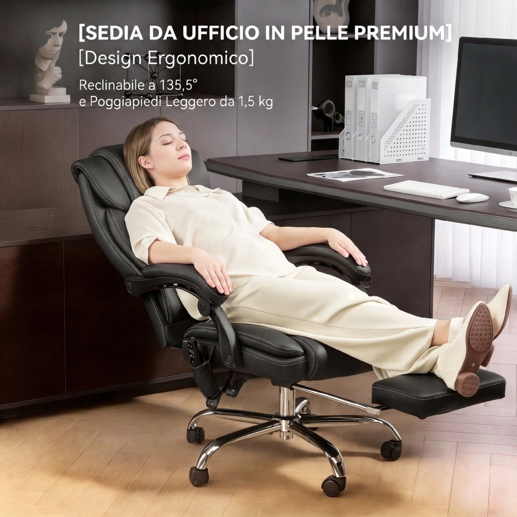 Sedia da Ufficio Massaggiante e Riscaldata, Reclinabile in Pelle PU, con Telecomando e Poggiapiedi, Nero