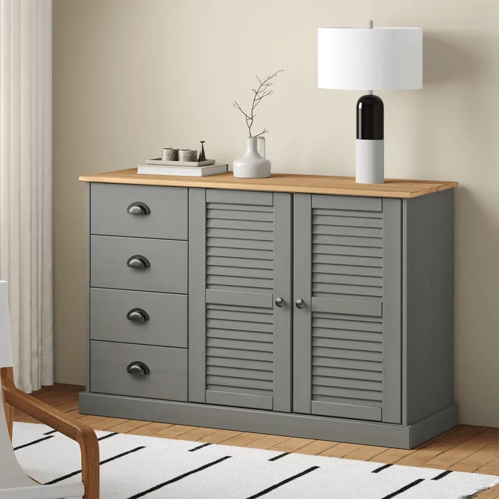 Credenza | Madia | Buffet da pranzo | Armadio da pranzo Cassetti VIGO 113x40x75 cm Legno Massello Pino Grigio