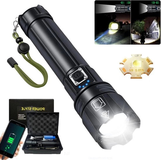 Lampada LED portatile con zoom - 250000 lumen - ricaricabile - XHP70.2 - IPX7 impermeabile - per campeggi, escursioni, emergenze - nero