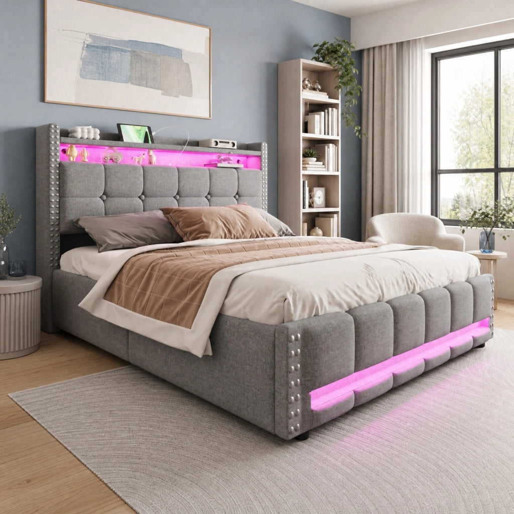 Letto imbottito 160x200 cm con LED, porta USB, testiera con ripiani e contenitore idraulico, tessuto effetto lino grigio chiaro