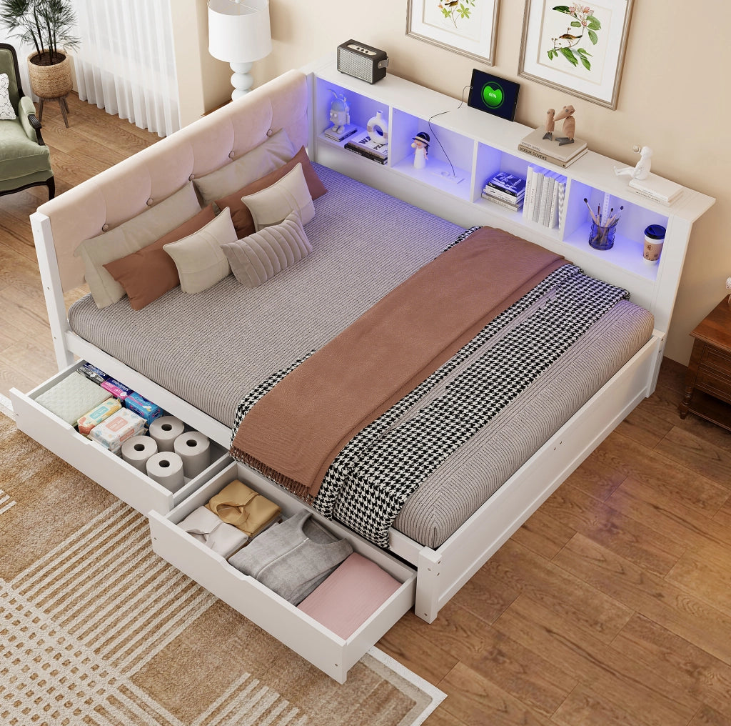 Letto daybed 140x200 cm con 2 cassetti, mensola laterale, LED dimmerabile e USB