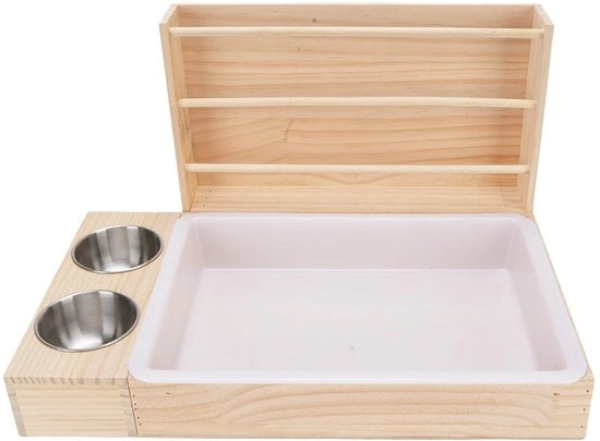 Contenitore alimentare in legno 3 in 1 - 2 comuni - adatto per conigli/cavie - grande capacità - scatola in legno 36,5x27x6,5cm - contenitore per animali