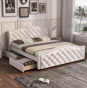 Letto imbottito 160x200 cm bianco in PU con rete a doghe e 2 cassetti