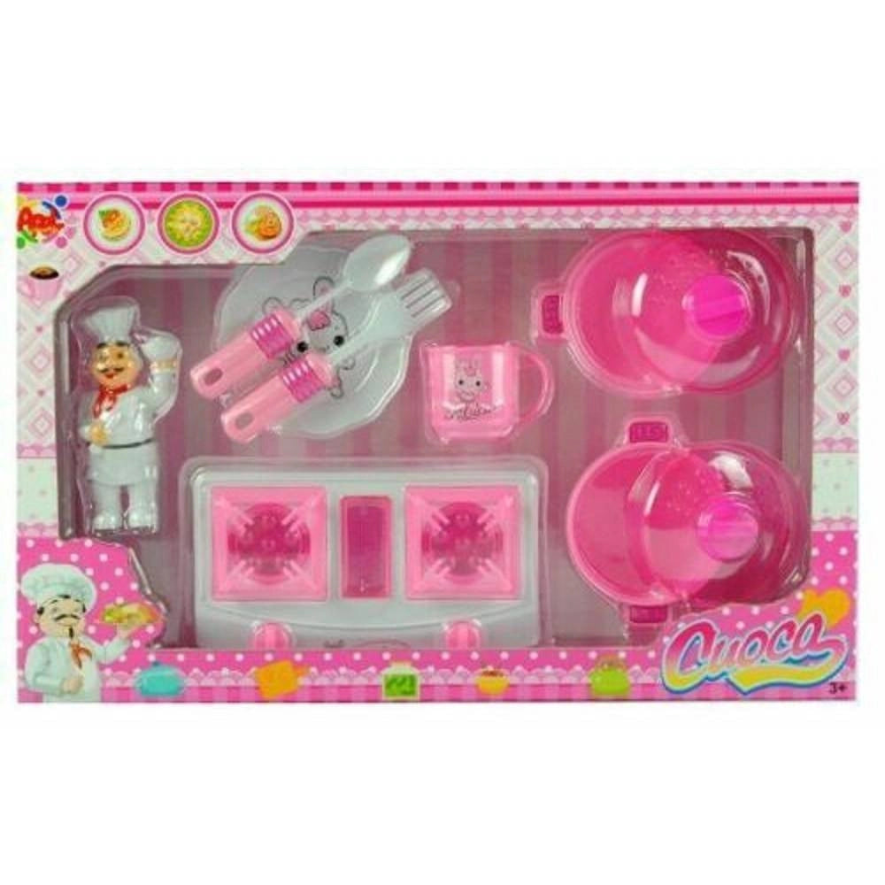 Trade Shop - Cuoca Miss Chef Fornello Pentole Piatto Con Posate Giocattolo Gioco Bambina -