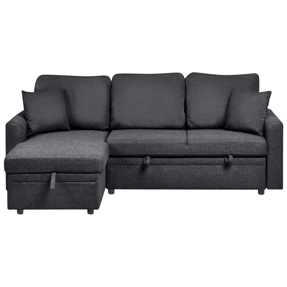 Divano letto angolare con contenitore lato destro nero rivestimento in poliestere effetto lino contenitore cuscini design moderno