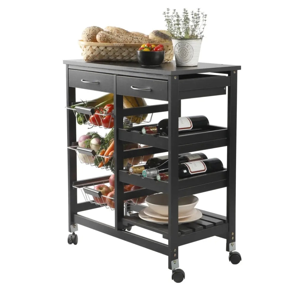 Carrello di servizio nero su ruote - 2 cassetti e 3 ripiani, dimensioni 65x35x76 cm