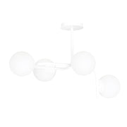 Lampadario 4 Luci Rama In Acciaio Bianco A Bracci Curvi E Sfere In Vetro Opalino