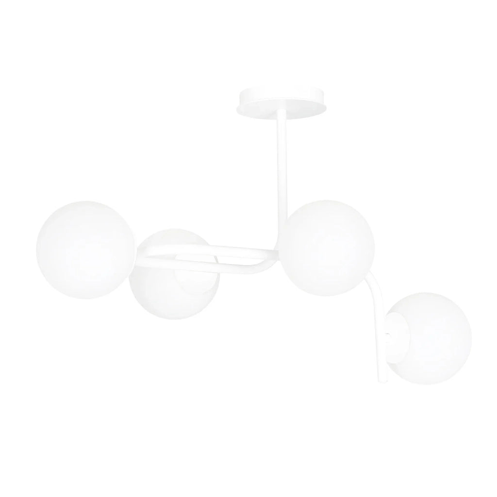 Lampadario 4 Luci Rama In Acciaio Bianco A Bracci Curvi E Sfere In Vetro Opalino