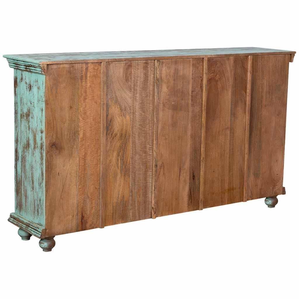 Credenza a 4 ante in legno con finitura verde anticato, cm 180x42x101h