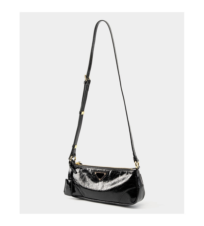 Borsa a tracolla da donna in vera pelle, modello Crescent, alla moda, colore nero.