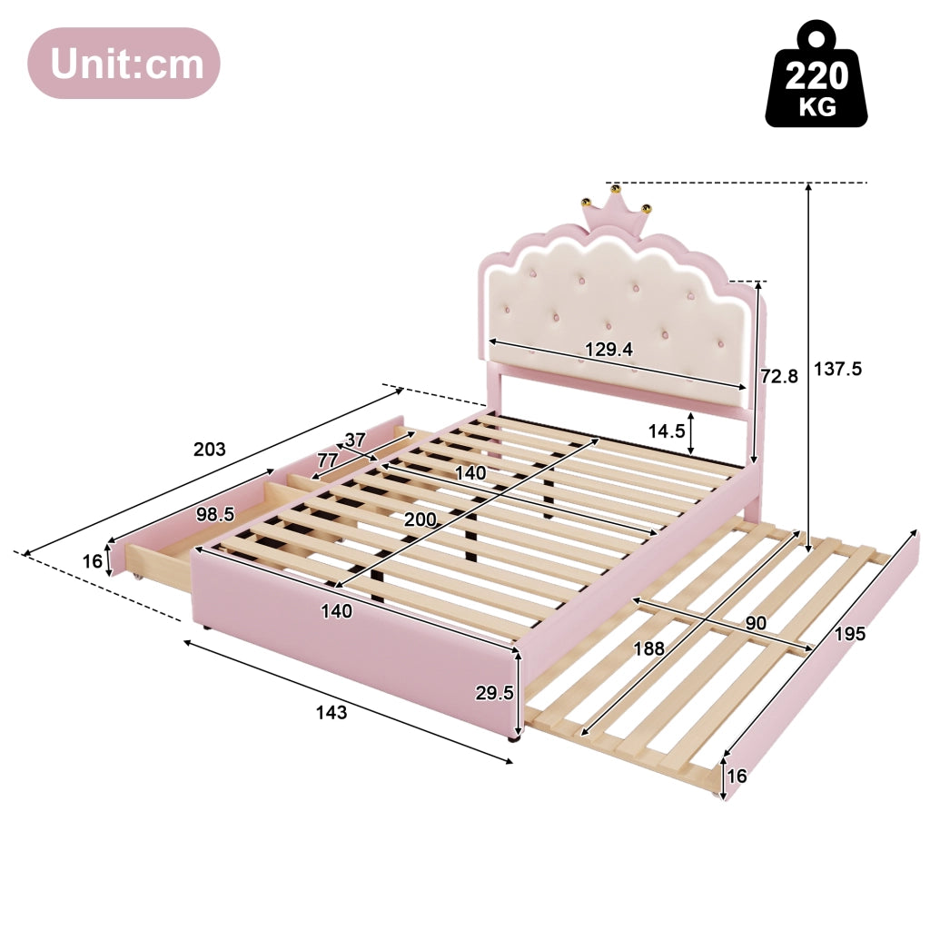 LETTO imbottito 140x200 cm PU Rosa con letto estraibile e 2 cassetti