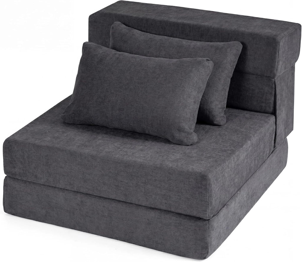 Divano Letto 2 Posti Pieghevole, 3 in 1 Divanetto Trasformabile con 2 Cuscini, Schiuma ad Alta Densità e Rivestimento in Tessuto Chenille, Poltrona Letto per Soggiorno (Grigio,72 x 76 x 58 cm)