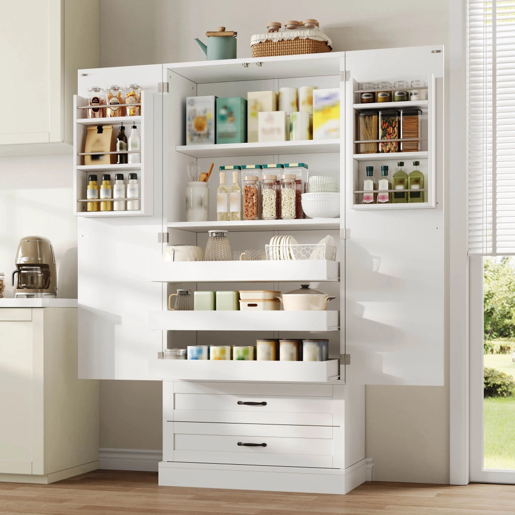 ARMADIO DISPENSA ALTO 180x80x37,5 cm MDF Bianco 3 ripiani estraibili 2 cassetti