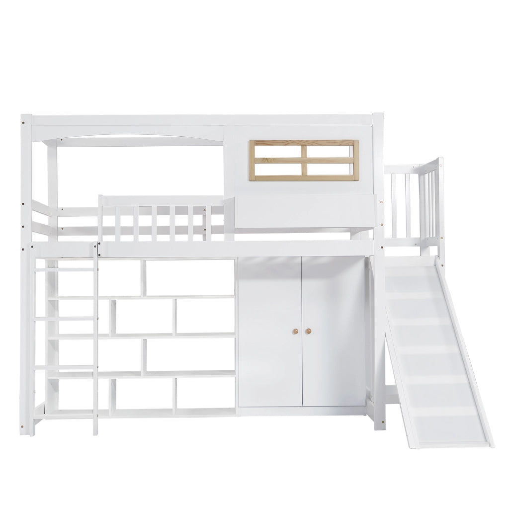 Letto a Castello 90x200 cm; Rampa laterale; Scaffale e Armadio; Bianco Naturale