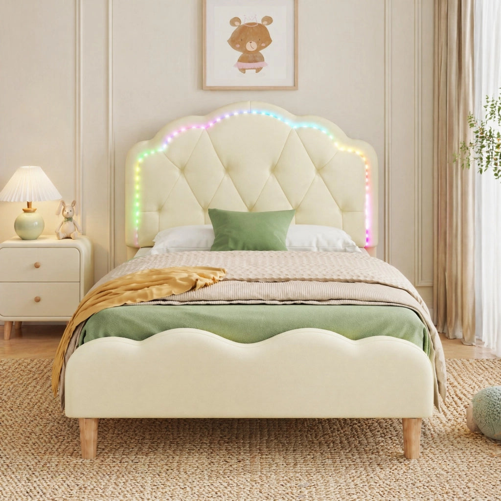Letto singolo imbottito in PU beige con LED multicolore 90x200 cm