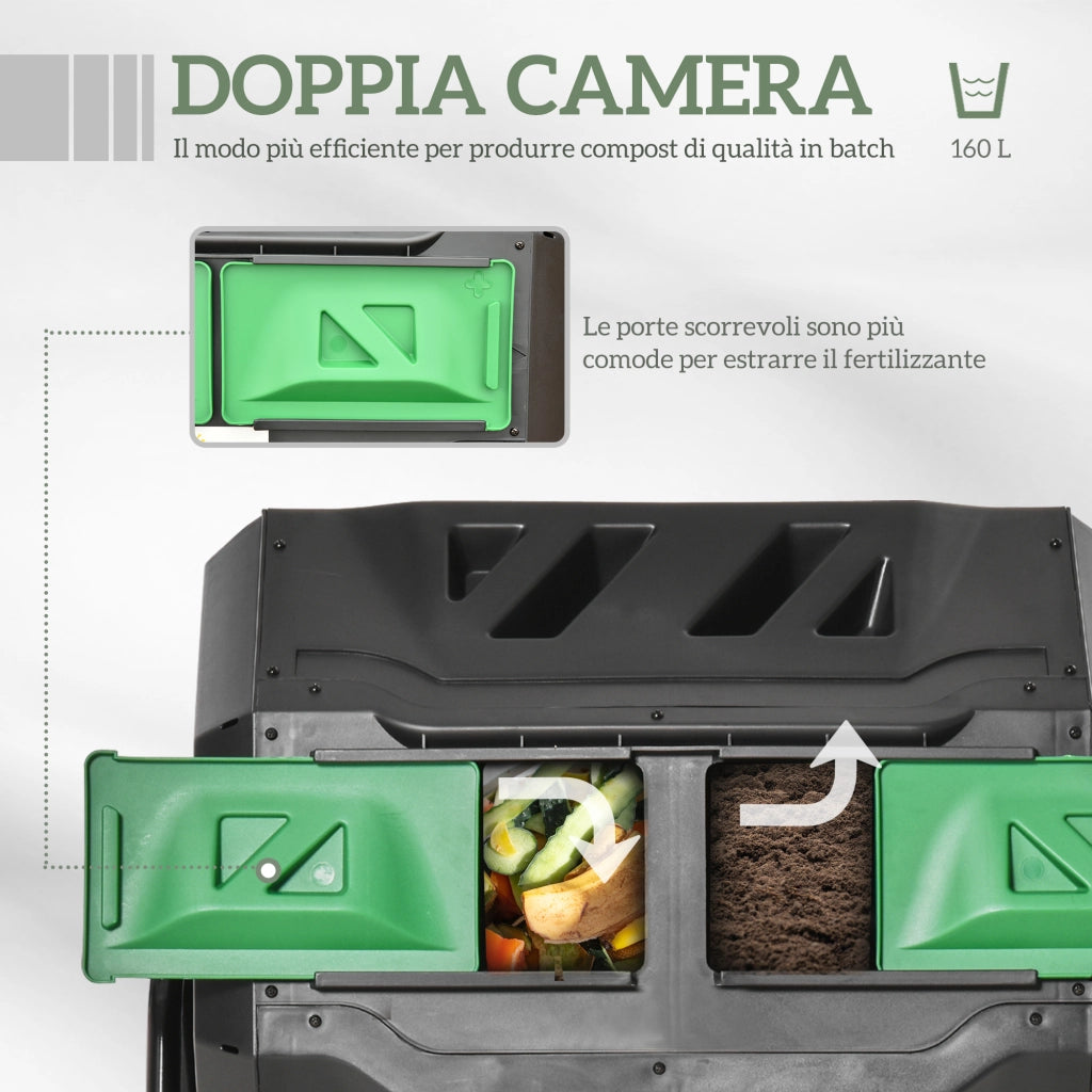 Compostiera da Giardino Girevole 71x65x96 cm a 2 Sezioni con 8 Prese d'Aria Acciaio e PP Nero