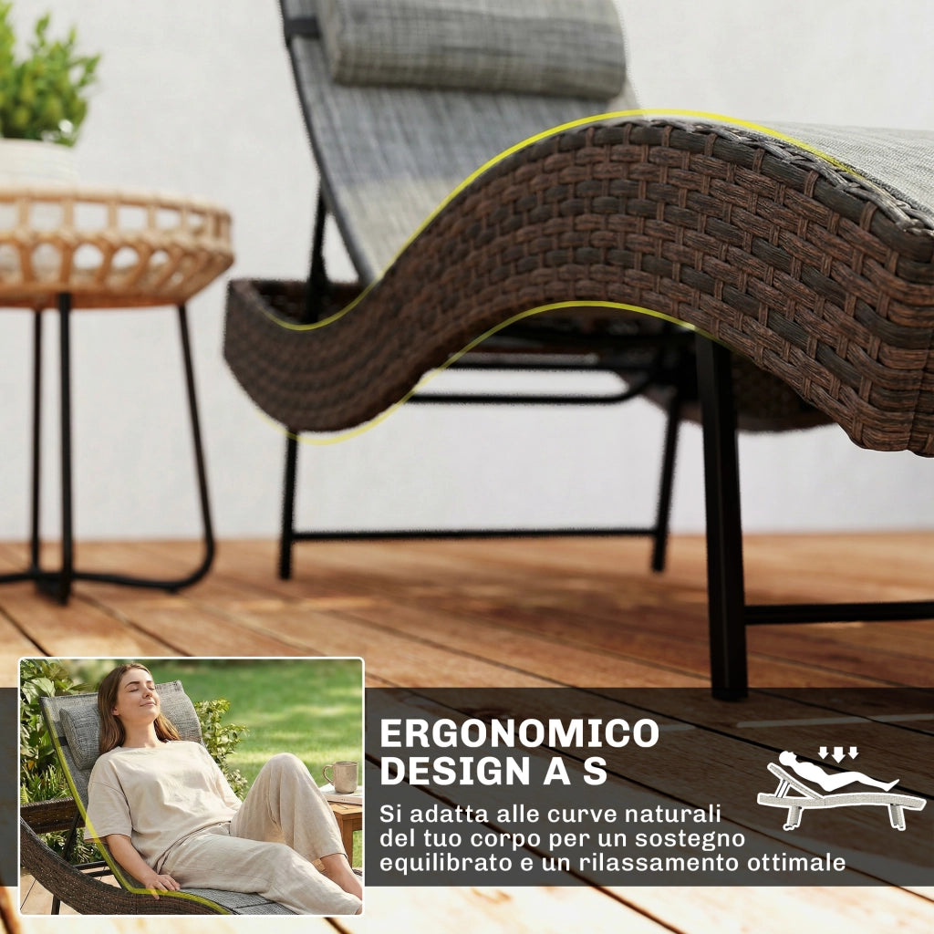 Lettino Prendisole da Giardino in Rattan Forma S con Cuscino a 5 Posizioni, 60x198x44cm, Marrone