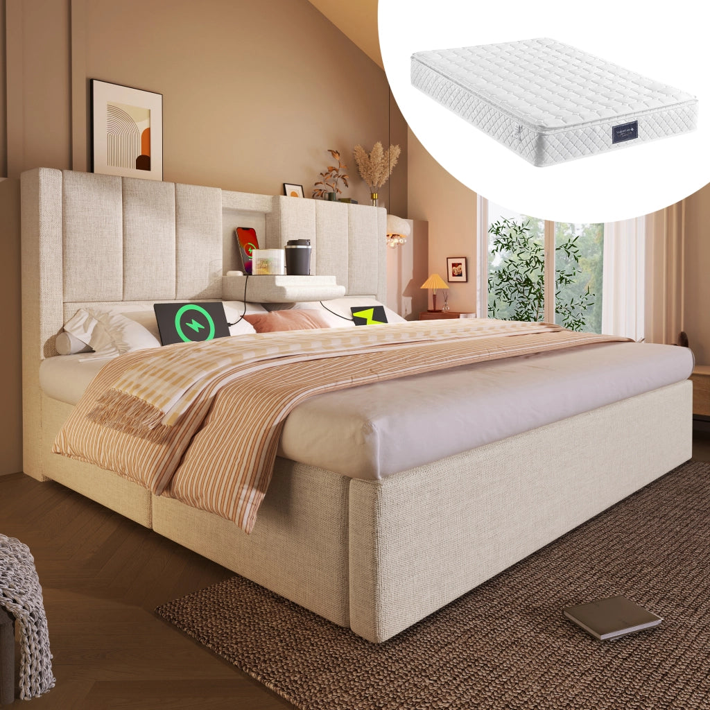 LETTO Contenitore 140x200 cm in lino beige con materasso incluso