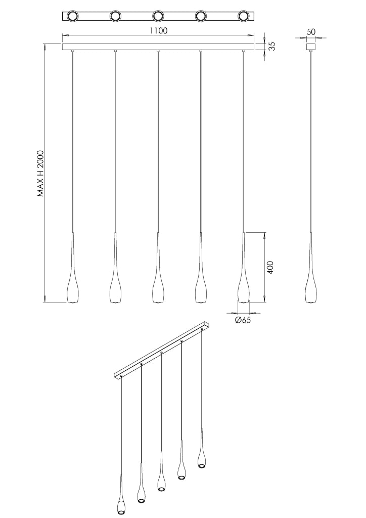 Lampada a Sospensione Bianco 5x 7,5W LED Integrato 3270lm 3000K, Dimmerabile a Taglio di Fase, Struttura in Metallo - Design Moderno