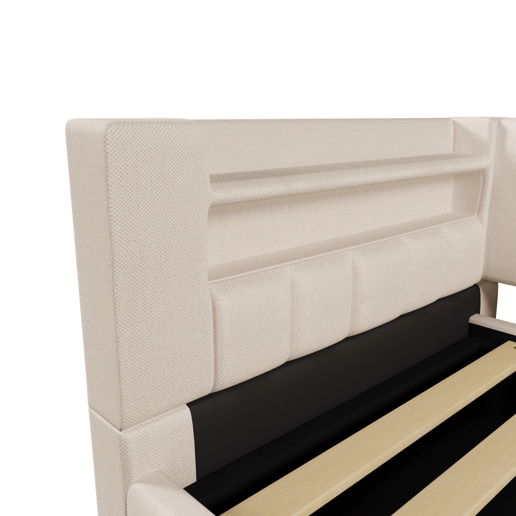 Letto divano contenitore 90x200 cm in lino beige con apertura idraulica; LED; USB e USB-C