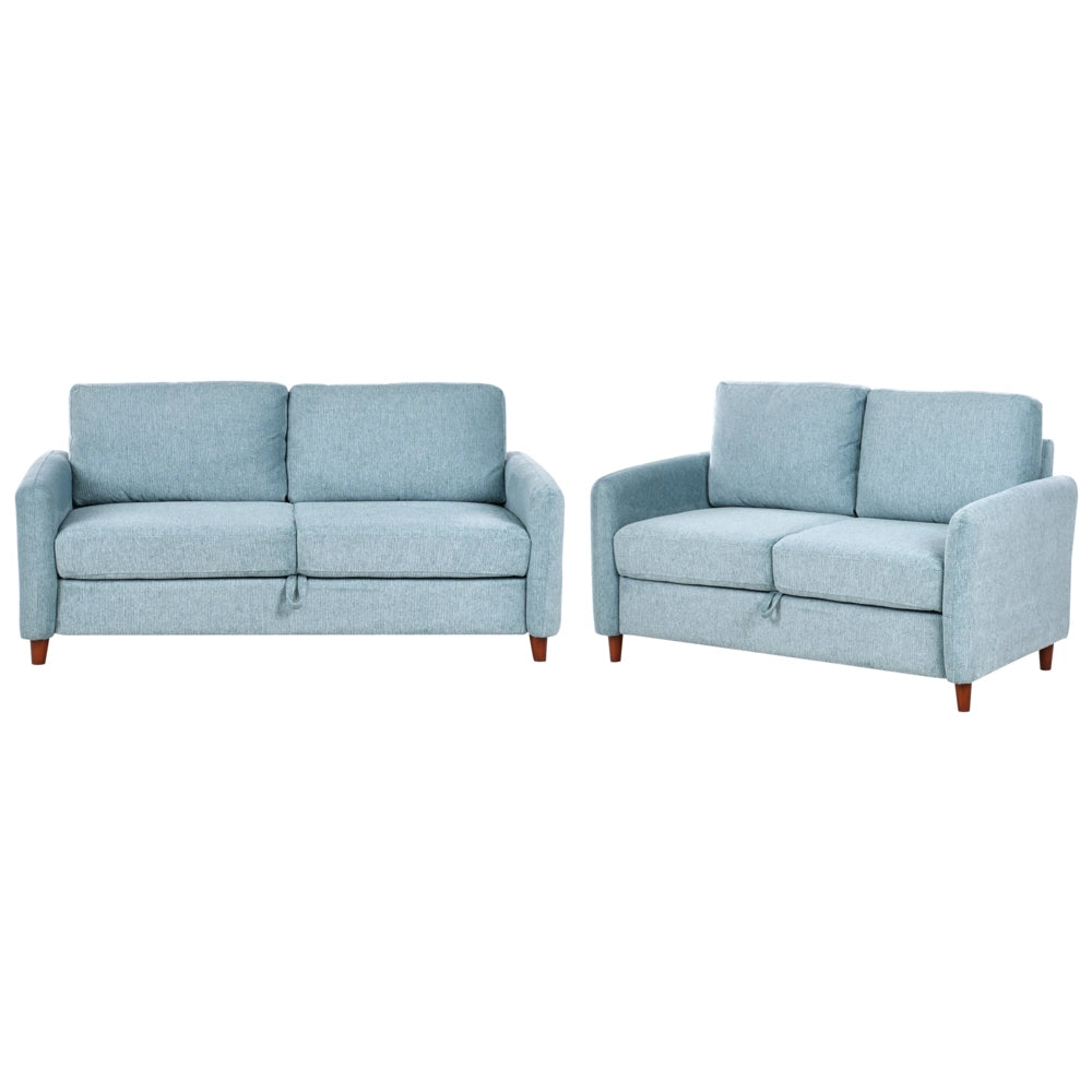 Set da salotto composto da divani da 2 e 3 posti rivestito in tessuto azzurro con braccioli soggiorno stile moderno