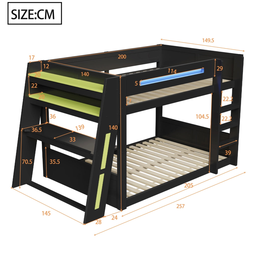 DESMIU Letto a castello 140 × 200 cm 2 posti con scrivania, USB, LED e ripiani, senza materasso, in legno e MDF, nero