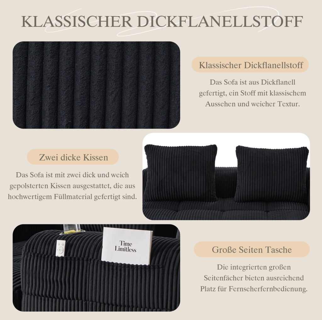 Divano 2 posti in corduroy nero 158x93x61 cm con tasche laterali e portabicchieri