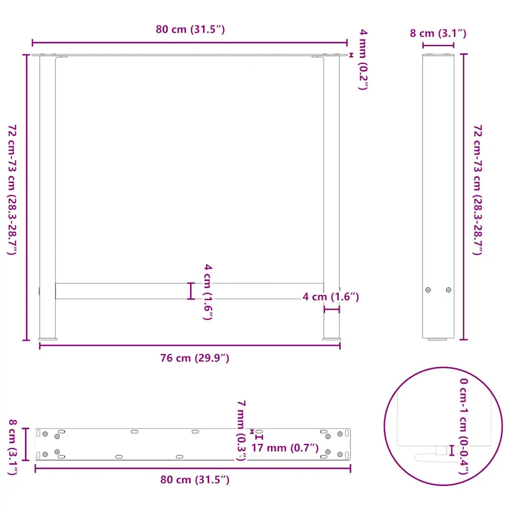 Gambe per tavolo da pranzo bianche 2 pz 80x(72-73) cm in acciaio