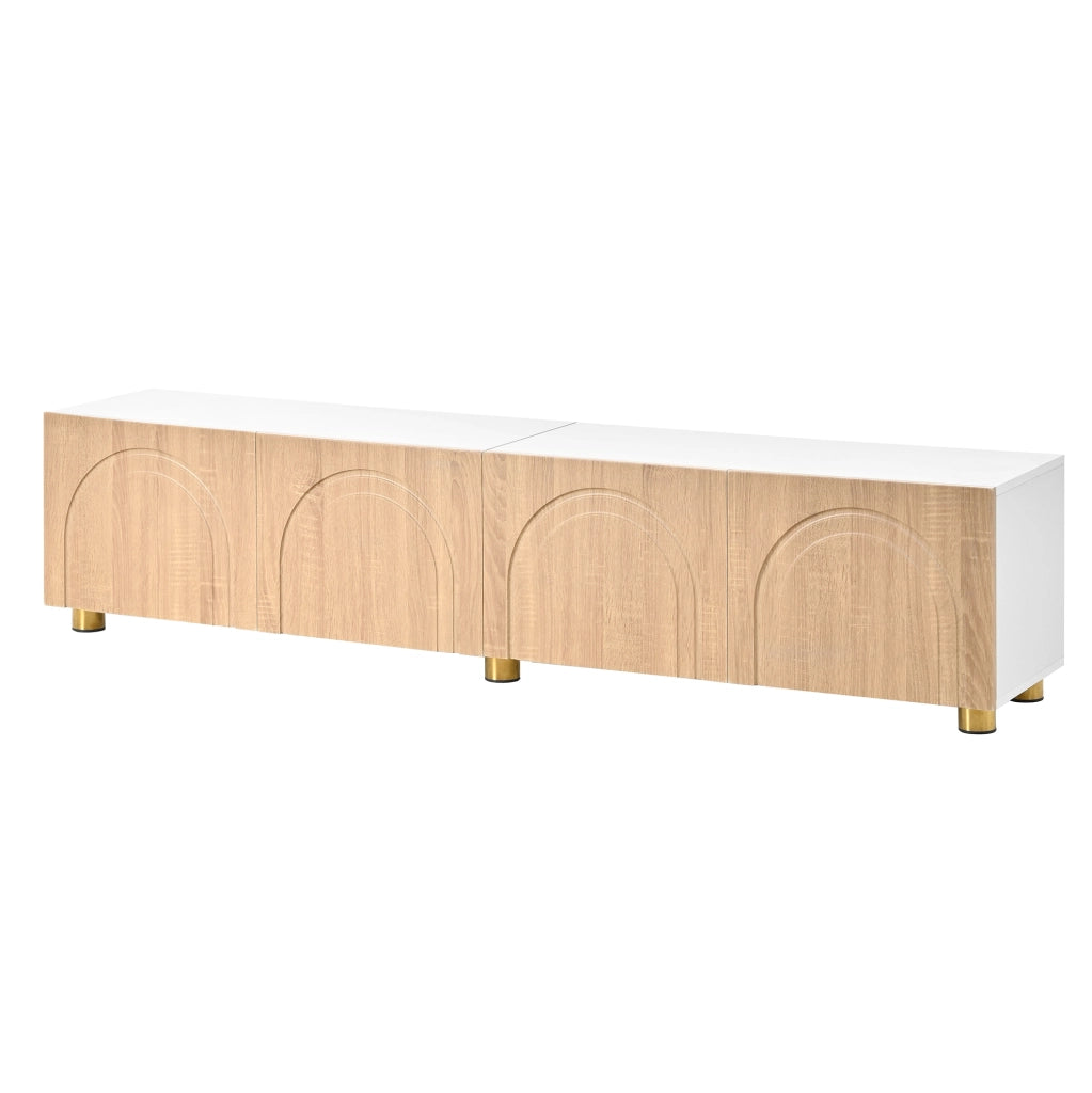 Mobile TV 180x35x40 cm con 4 ante e rilievo ad arco in MDF e pannello truciolare naturale e bianco