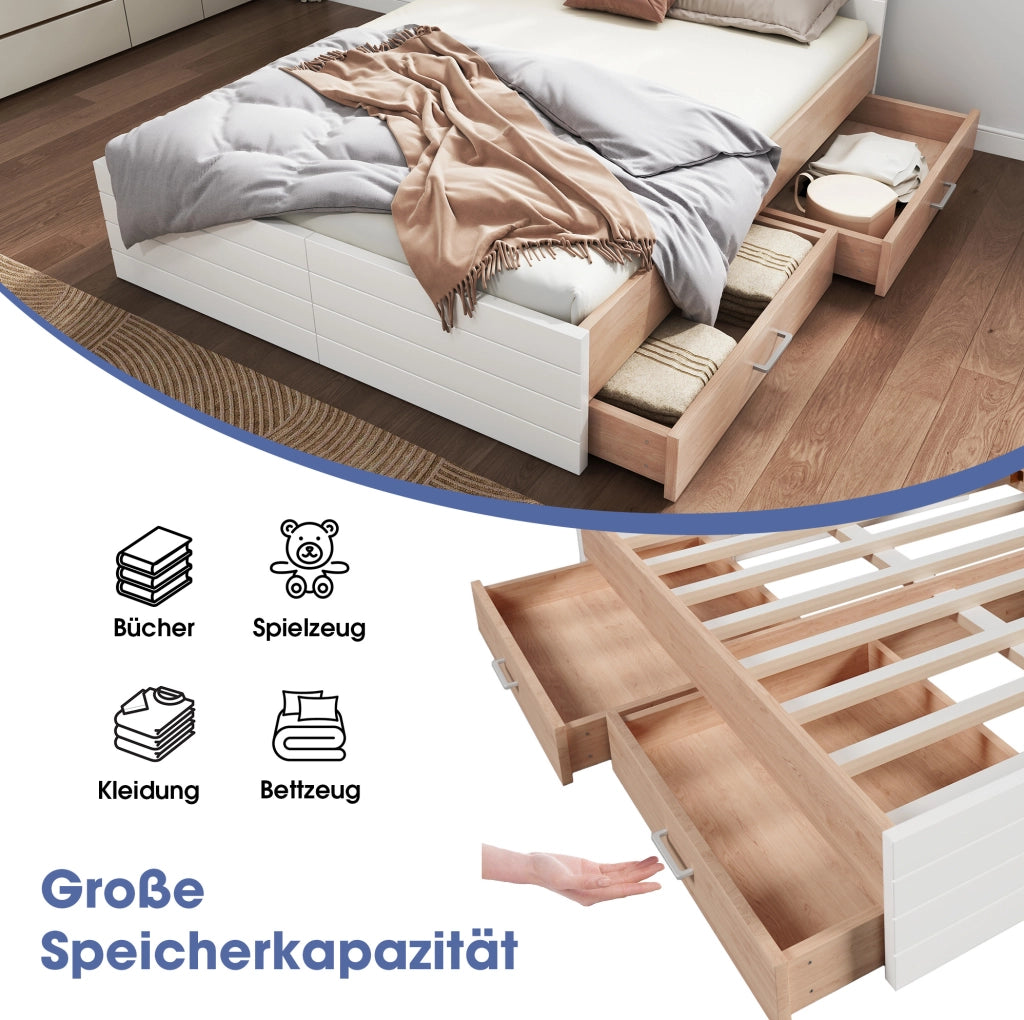 Letto matrimoniale 140x200 cm in legno massiccio e MDF; bianco e rovere con 2 cassetti
