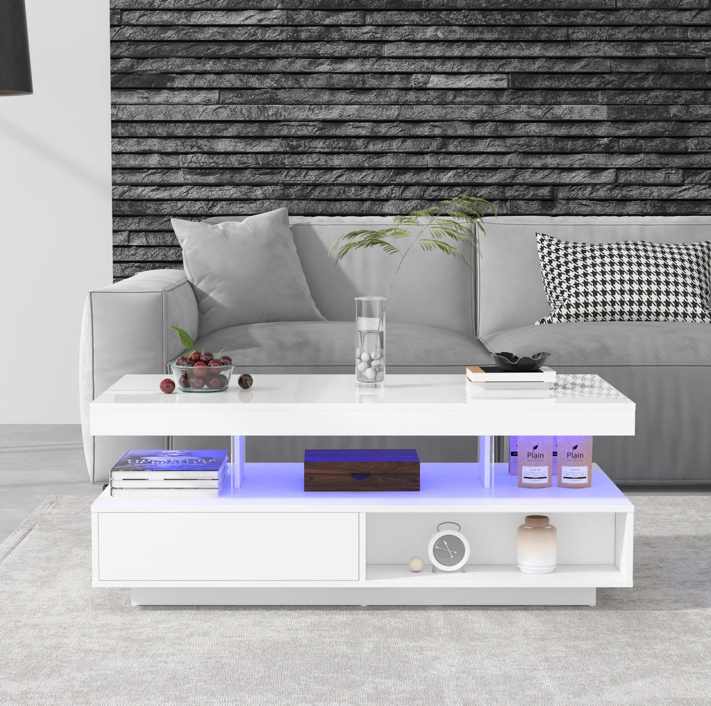 Tavolino da caffè bianco lucido con LED, vetro e cassetti