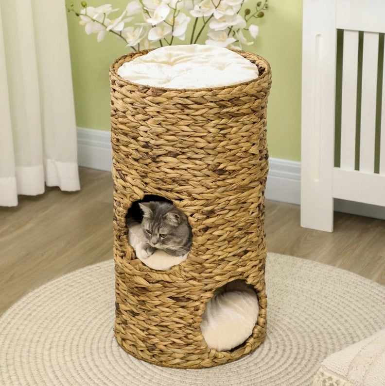 Torre per gatti ULEVR ?40x73 cm con 3 cucce, cuscini removibili e piattaforma superiore, giacinto d¡¯acqua marrone