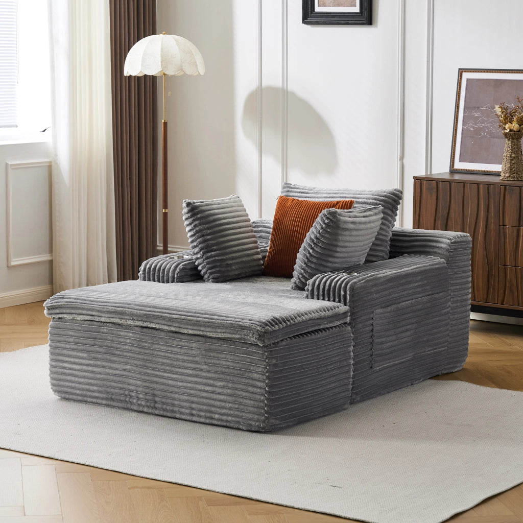 Divano chaise longue senza montaggio con portabicchieri e cuscini in velluto a coste grigio 165 × 112 × 63 cm