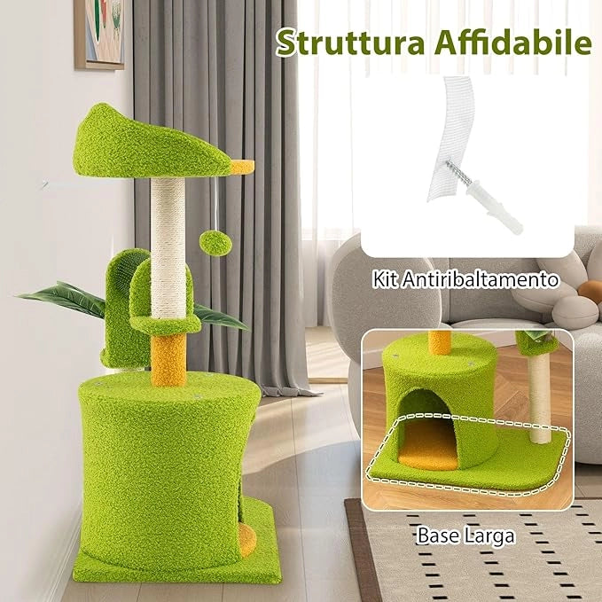 Albero per Gatti da Interno, Albero Tiragraffi con Foglie Artificiali, Condominio, Trespolo, Tiragraffi in Sisal, Autopulente e Pompon in Peluche, Tiragraffi per Gatti a Tema di Foresta
