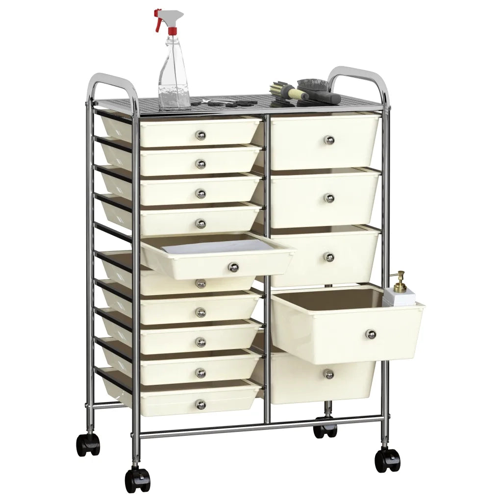 Carrello Portaoggetti XXL con 15 Cassetti Bianco in Plastica 320408
