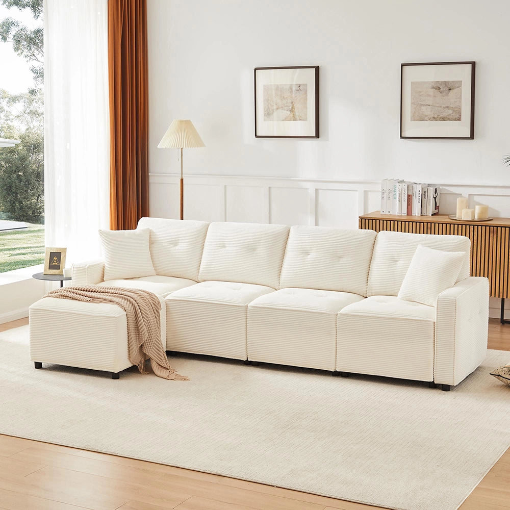 Divano 4 posti in velluto costato - Xylo - 280x146x85 cm - Beige - Con spazio di archiviazione e sgabello incluso