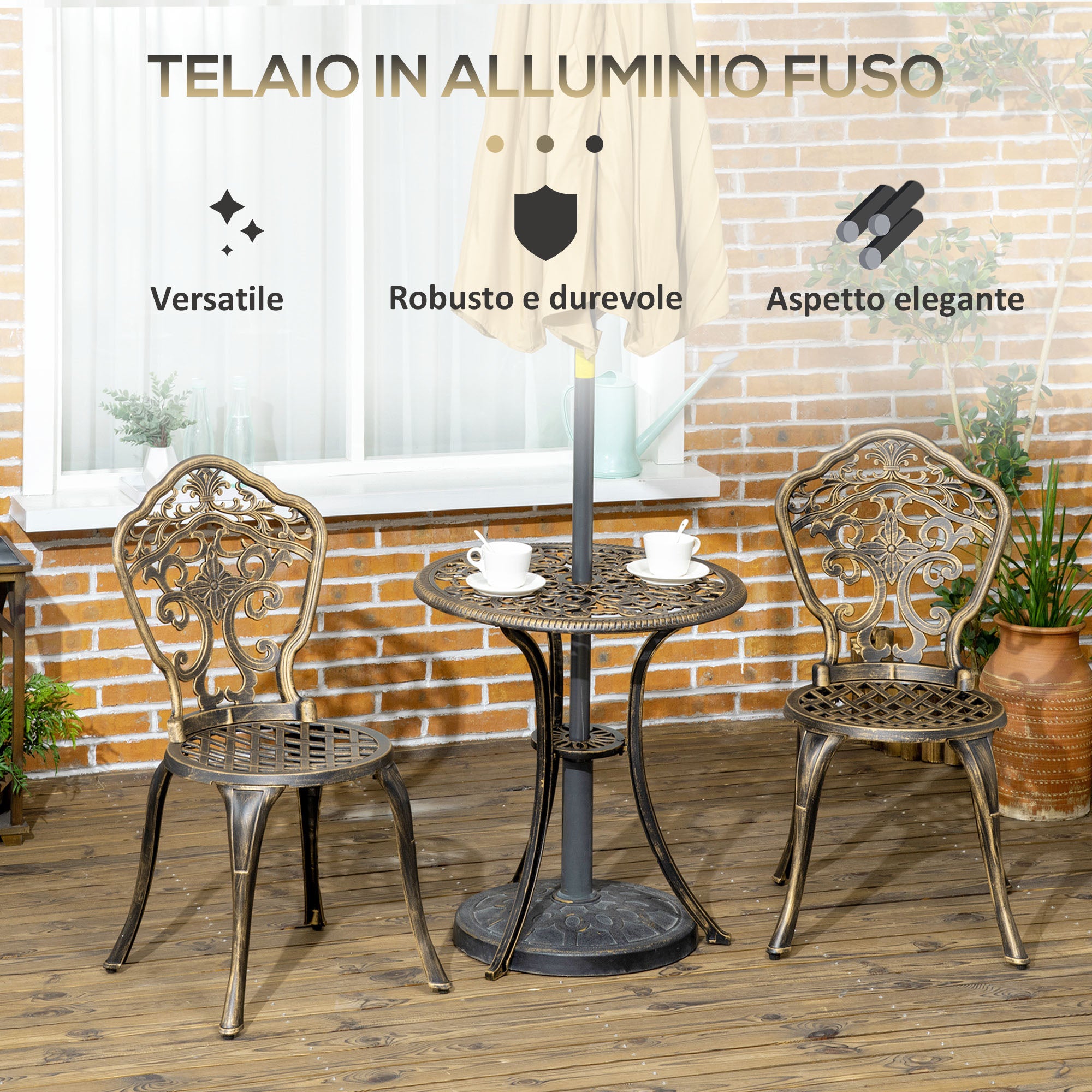 Set 3 Pezzi da Esterno con 2 Sedie da Giardino e Tavolino Rotondo con Foro per Ombrellone in Alluminio Bronzo